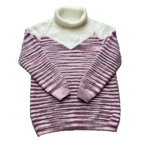 Hand Knit Sweater Womens Large Beige Pink Wool Turtleneck Striped